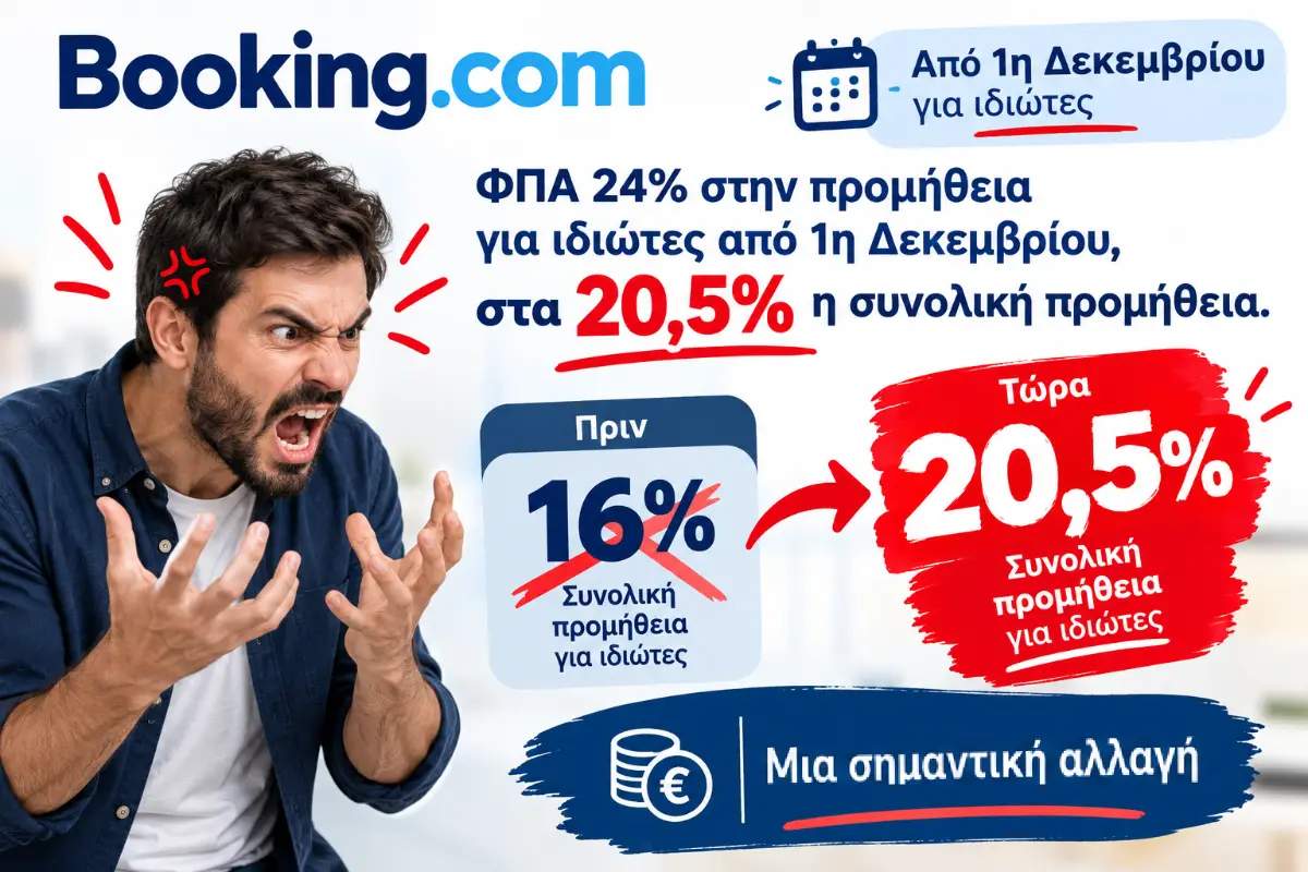 Booking.com: ΦΠΑ 24% στην προμήθεια για ιδιώτες από 1η Δεκεμβρίου
