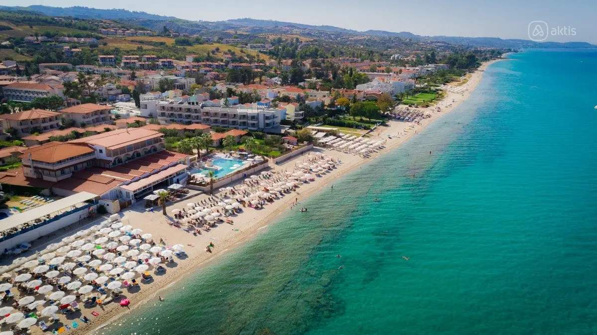 Beautiful beach and traditional architecture in Chanioti, Halkidiki